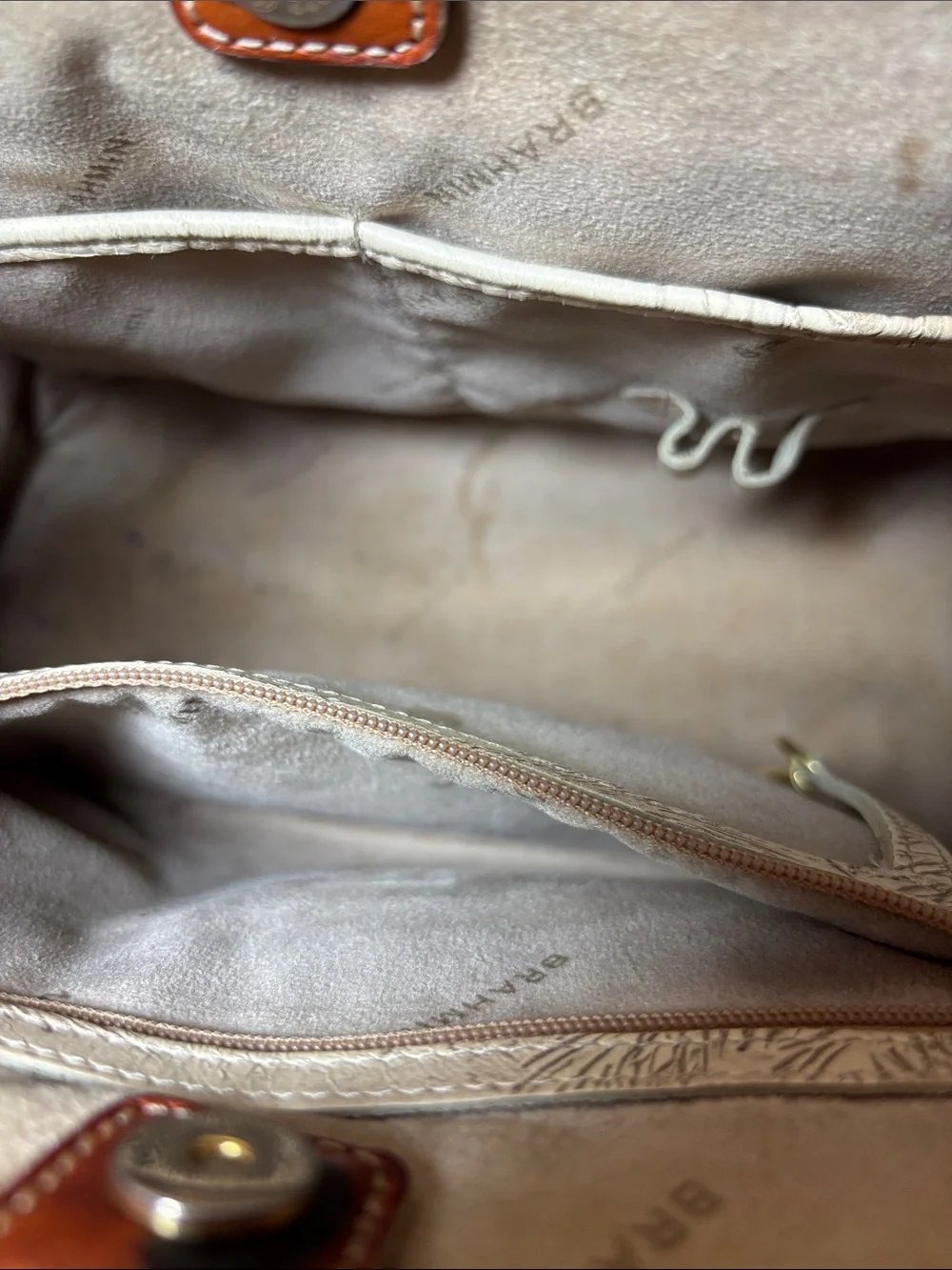 Brahmin Leather-Trim Beige & Brown Tote Bag w Copa Cabana Woody Car Palm Trees